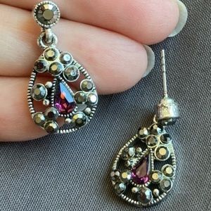 Vintage Dangle Earrings Silver Tone Metal, Amethyst and Marcasite stones